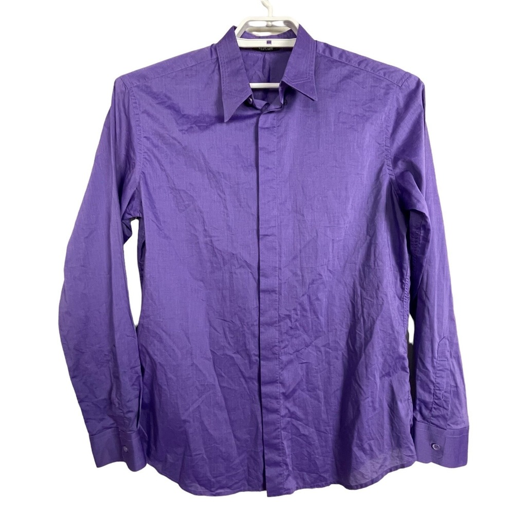 Versace Dress Shirt Mens L Purple Hidden Placket Textured Long Sleeve Formal